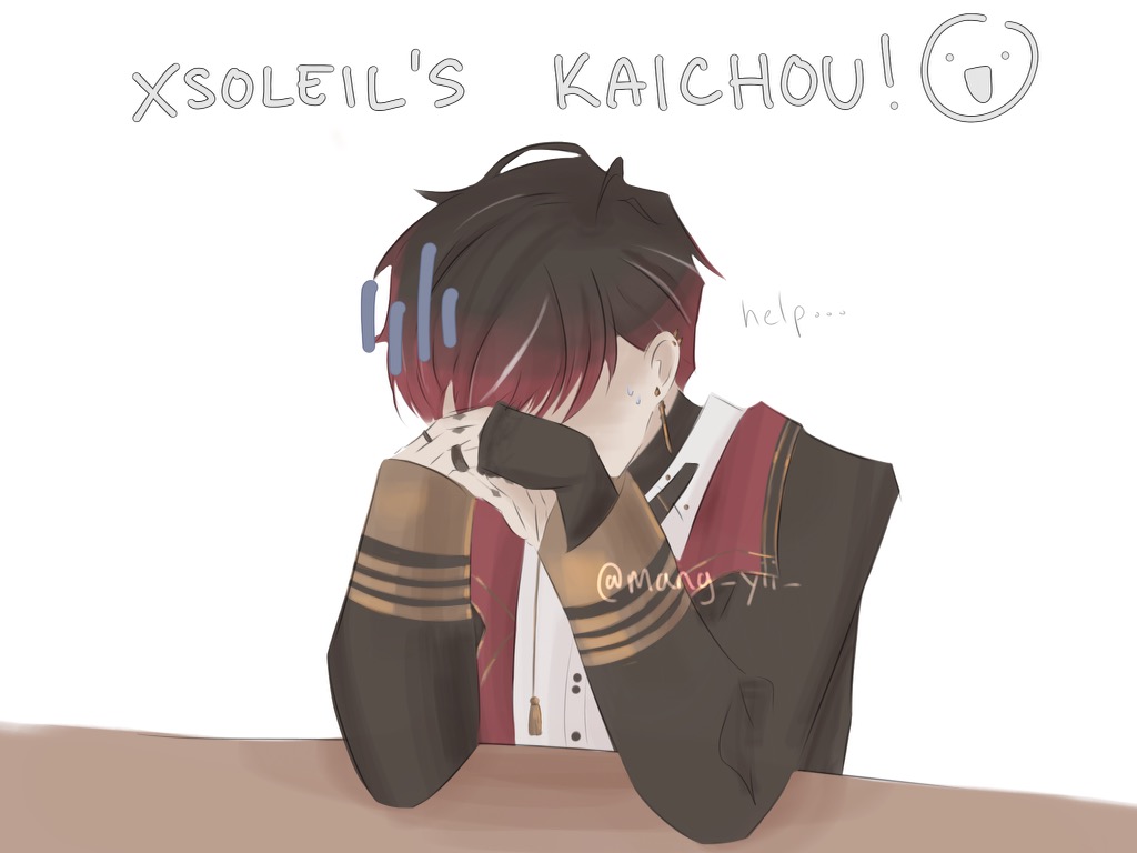Ver (from Nijisanji) slouched over a desk with his forehead resting on the back of his hands with the caption XSOLEIL'S KAICHOU :D